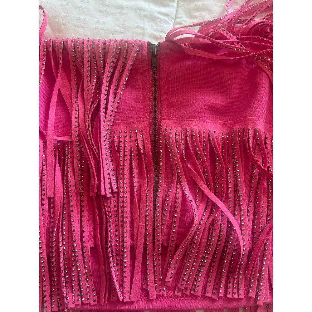 NYLON Apparel Pink Rhinestone Fringe Crop Top Size M - Picture 4 of 8